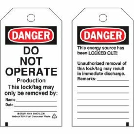 BRADY Brady Lockout Tag- Danger Do Not Operate, 2 Sided, Polyester, 25/Pack 50198